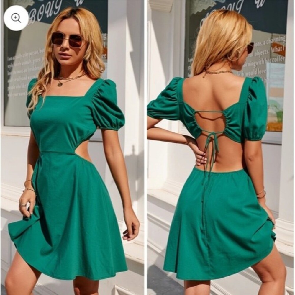 Exlura Backless Square Neck Drawstring Tie Back Cut Out Dress Green Size L